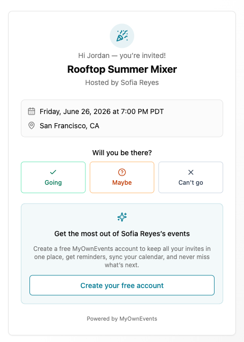 A no-login RSVP page with Going, Maybe, and Can’t-go buttons from an email invite