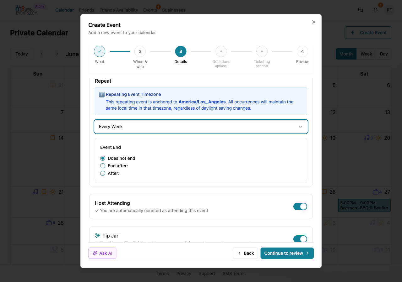 The recurrence options when creating an event — daily, weekly, monthly, custom