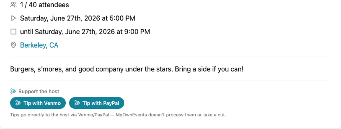 Free Venmo and PayPal tip buttons on an event, with a no-fee note