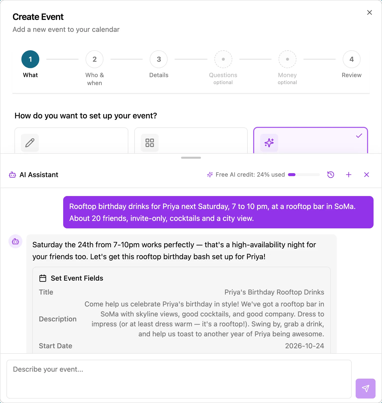 The AI assistant drafting a Friday rooftop mixer from one sentence