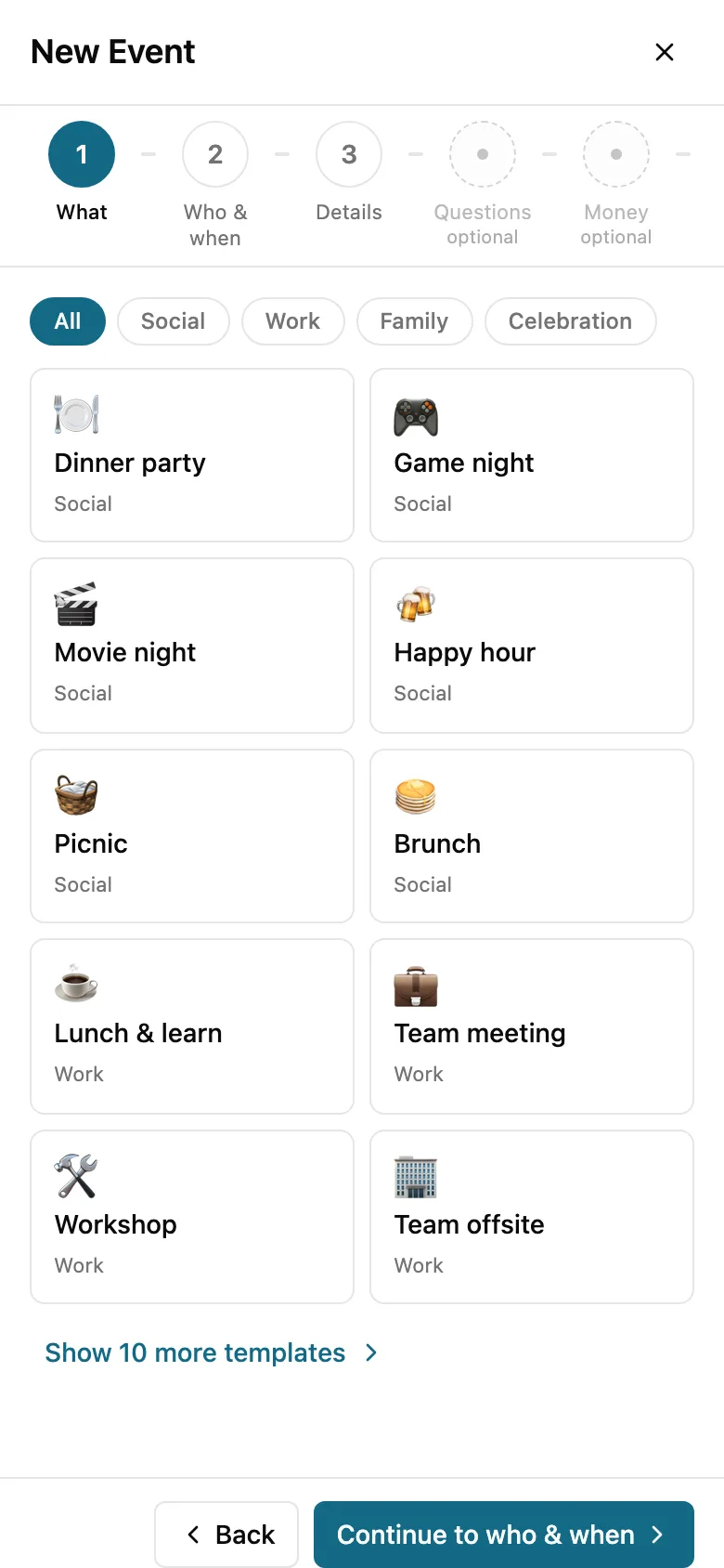 Event templates: dinner party, game night, movie night, happy hour, picnic, brunch