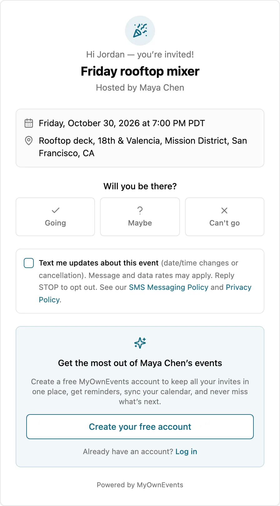 A no-login RSVP page with Going, Maybe, and Can’t-go buttons from an email invite