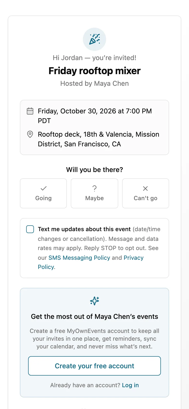 A guest without an account answering an invitation in one tap