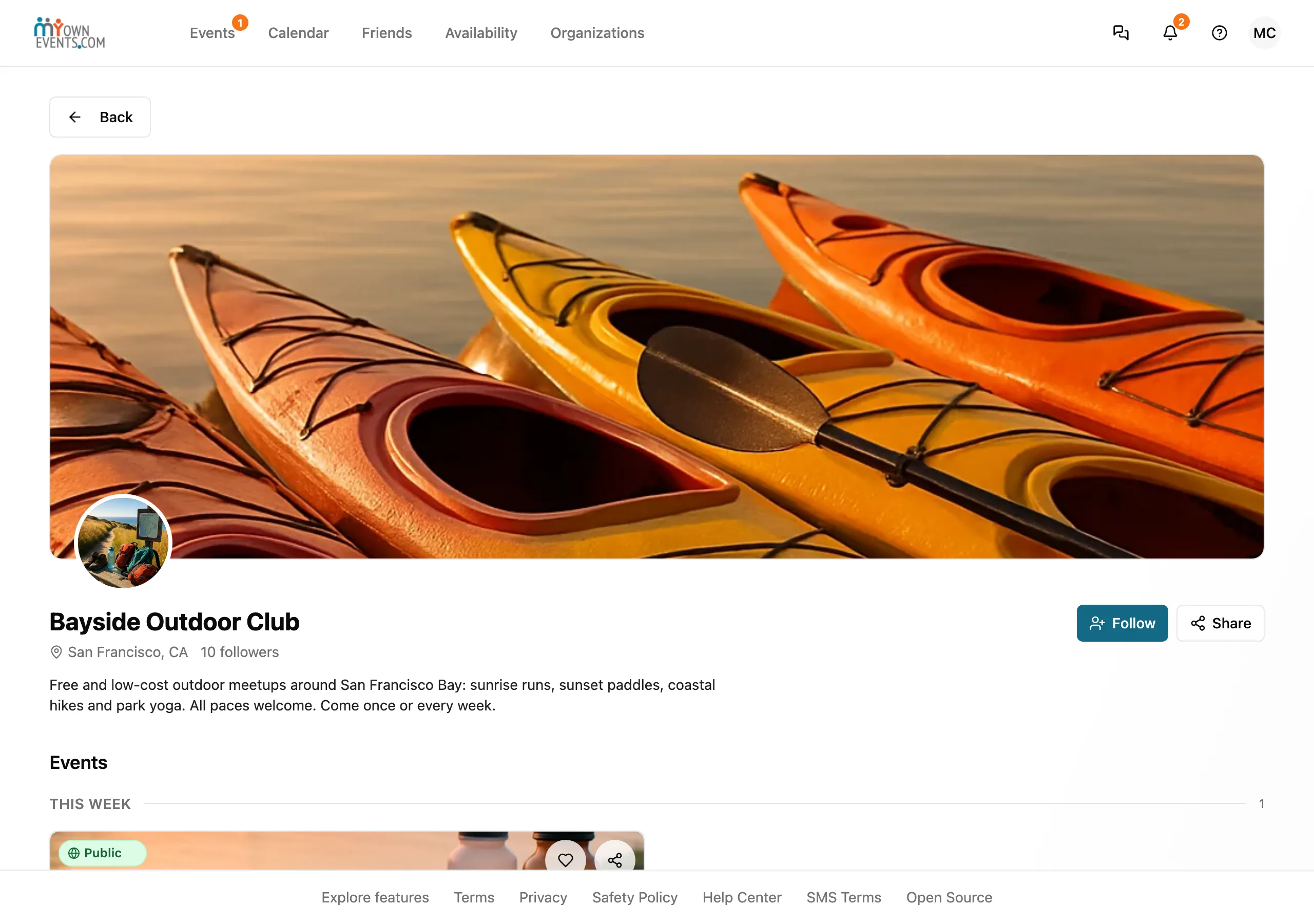 An outdoor club's page: its banner, 10 followers, a Follow button and its upcoming events