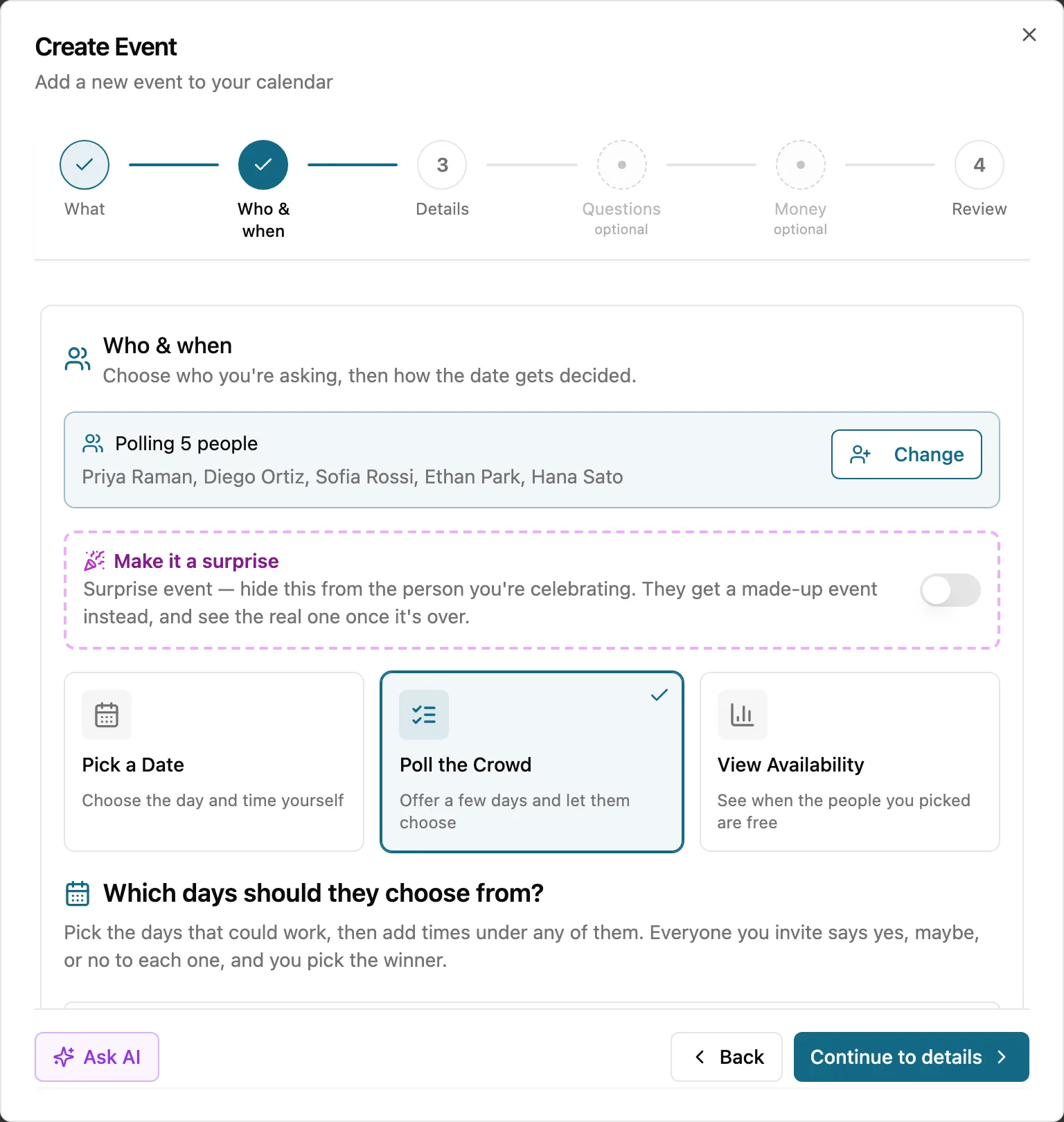 The "Who & when" step with three ways to answer when: Pick a Date, Poll the Crowd, and View Availability
