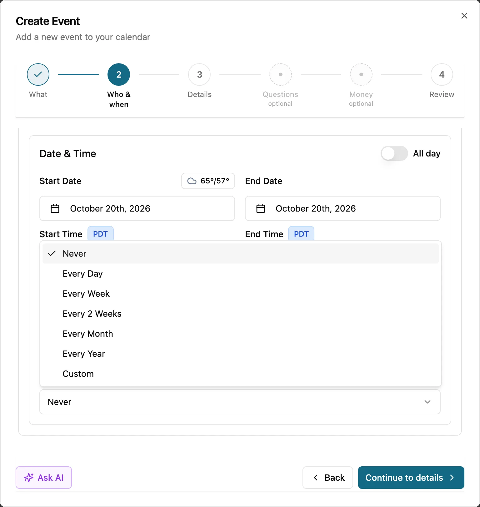 The recurrence options when creating an event — daily, weekly, monthly, custom
