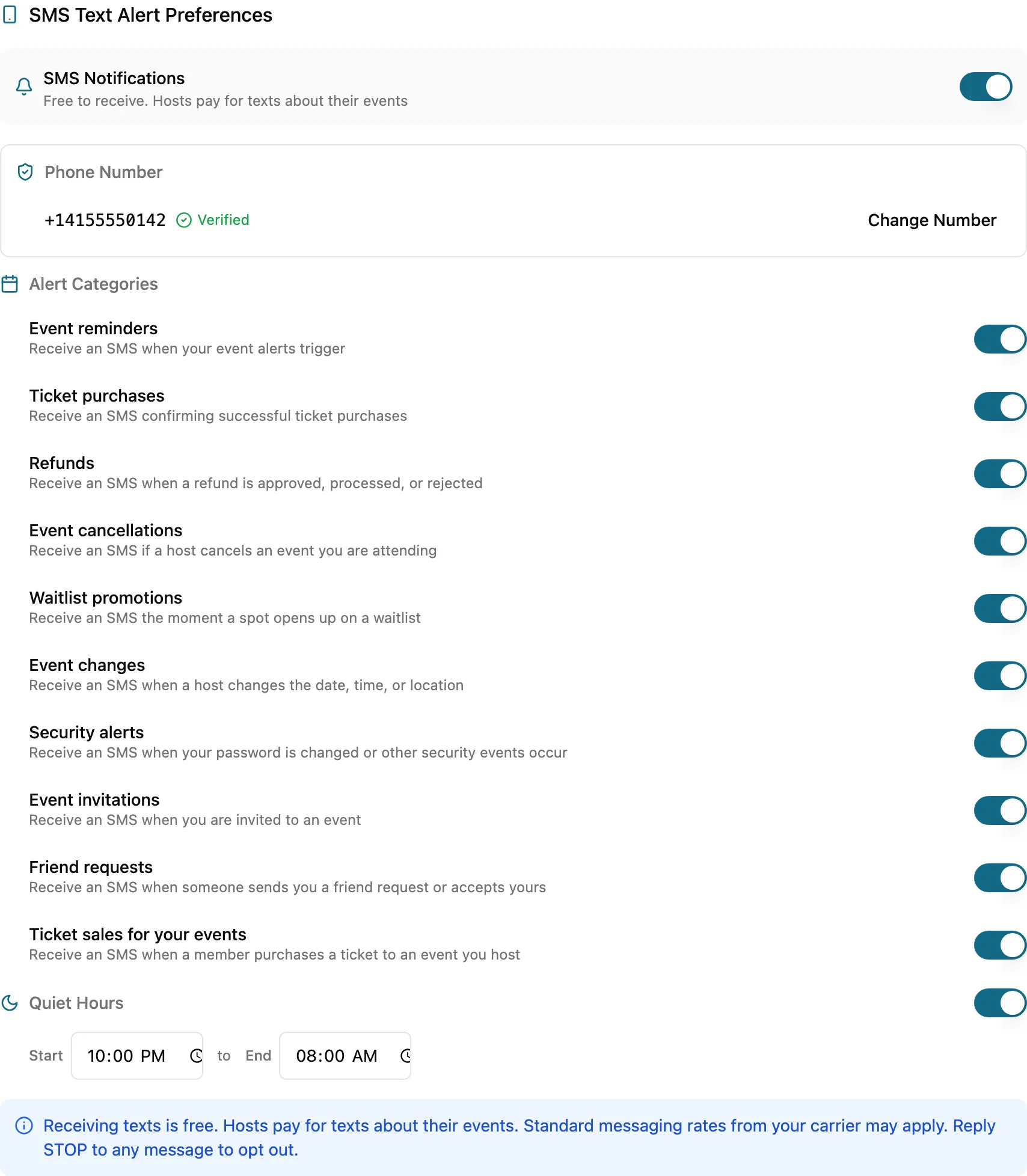 SMS preferences with a verified number, per-category toggles, and quiet hours