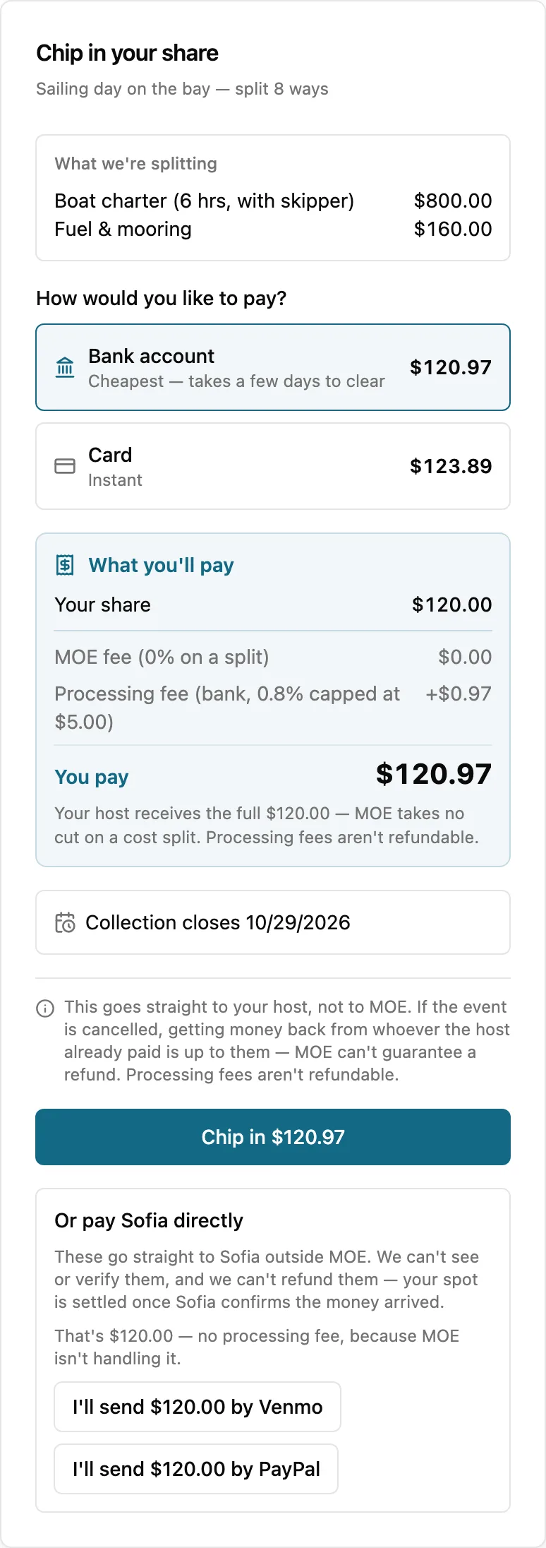 A guest’s share of a split event, showing the amount, a bank or card choice, and a MyOwnEvents fee of $0.00