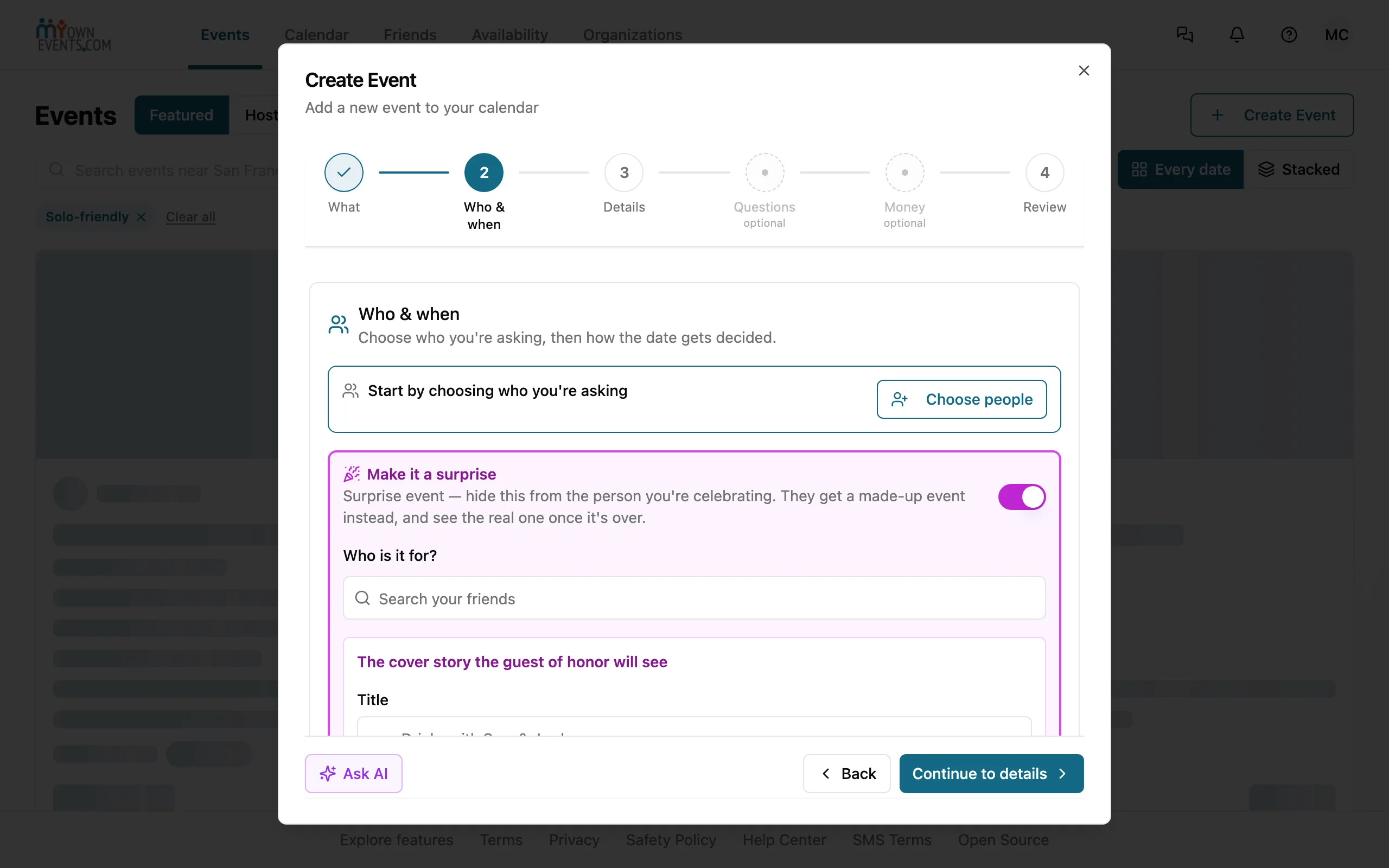 Create Event with Make it a surprise switched on