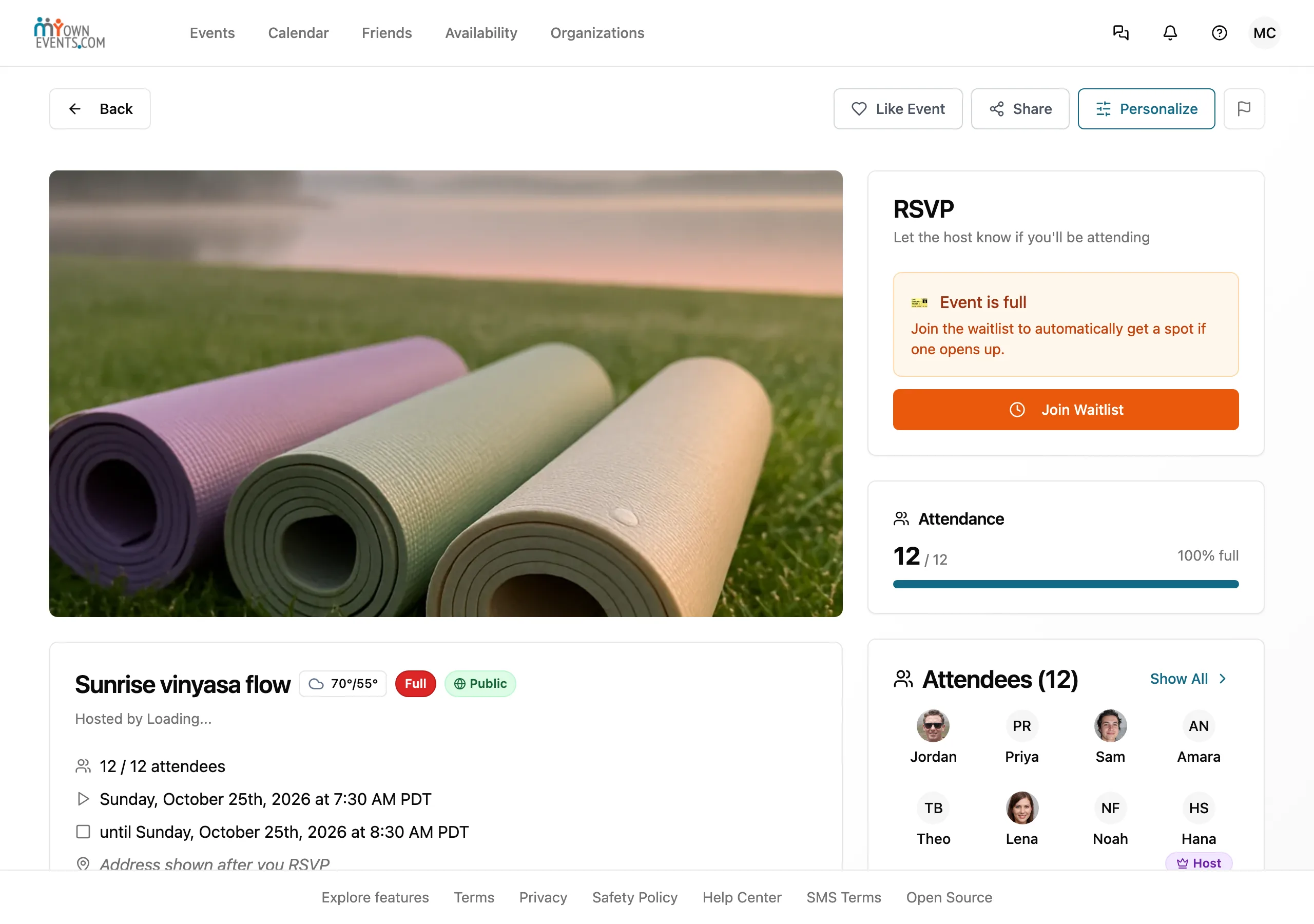 A full yoga class showing 12 of 12 spots taken and a Join Waitlist button