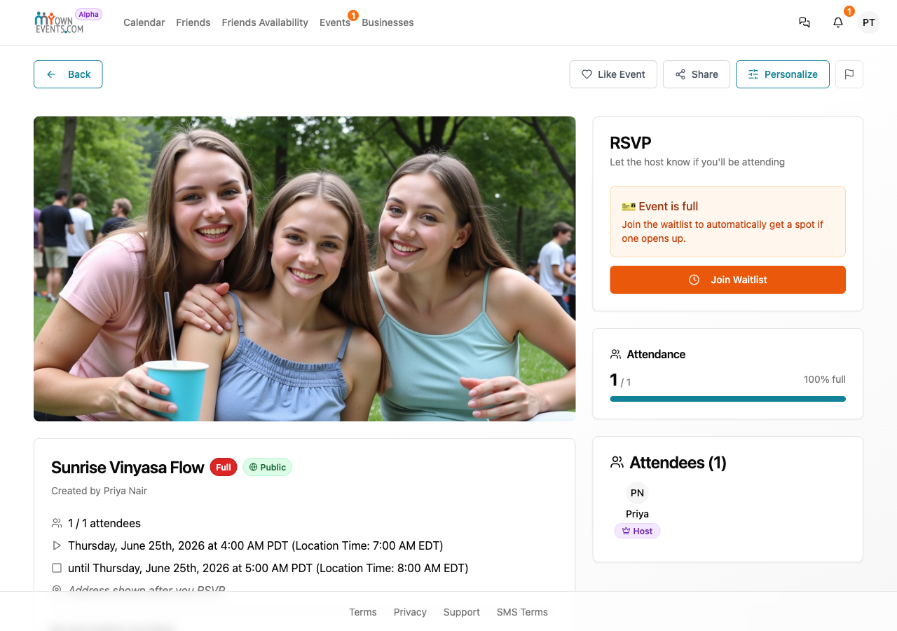 An at-capacity event showing a Join the waitlist option and a guest’s place in line